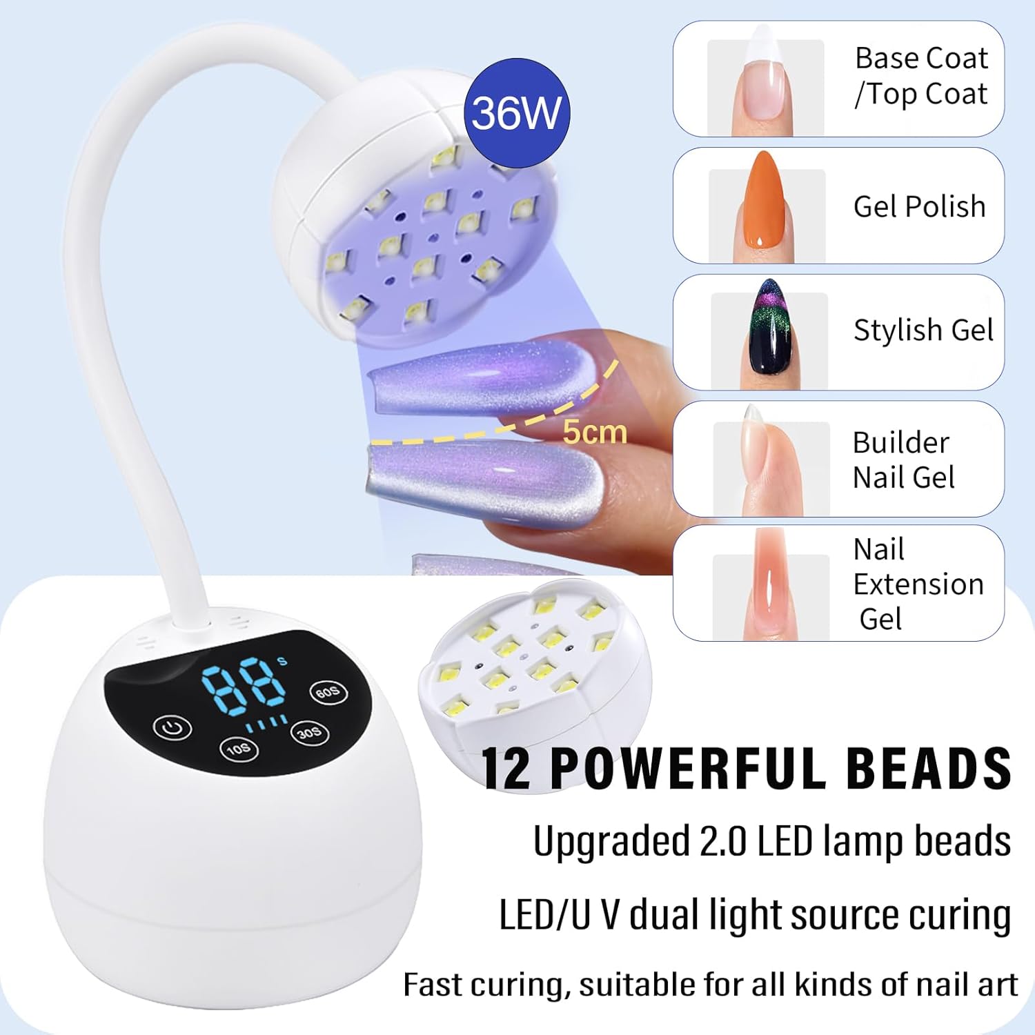 36W Mini Cordless Best UV LED Light for Nails, Best Gel Polish Dryer with Auto Sensor and Gooseneck