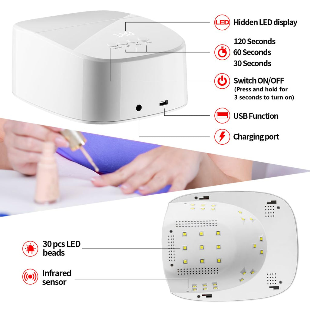 60W Rechargeable Cordless LED Light Nail Lamp with USB Port for Charging Phone and Nail Drill