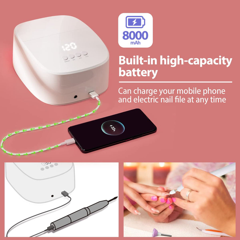 60W Rechargeable Cordless LED Light Nail Lamp with USB Port for Charging Phone and Nail Drill