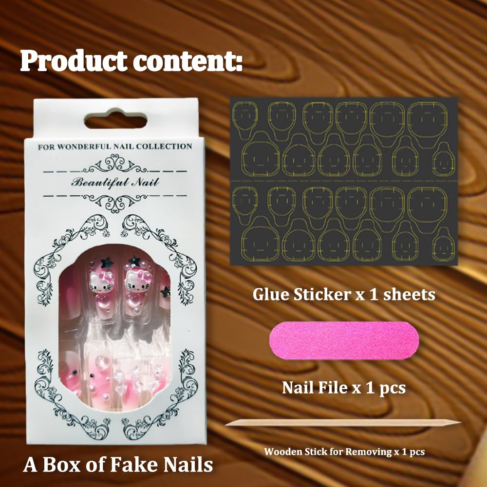 24Pcs Stick On Gel Nails, The Best Press On Nails with 3D Heart, Pearl Star Nail Charms Design Long Lasting Press On Nails for Women