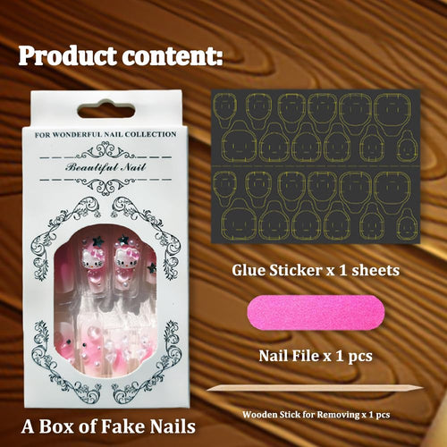 24Pcs Stick On Gel Nails, The Best Press On Nails with 3D Heart, Pearl Star Nail Charms Design Long Lasting Press On Nails for Women