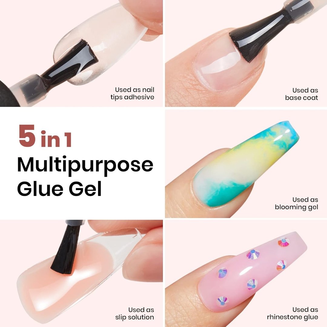 5 In 1 Gel Nail Glue and Base Gel Kit for Acrylic Nails,2 Pcs 15ml Brush on Nail Glue