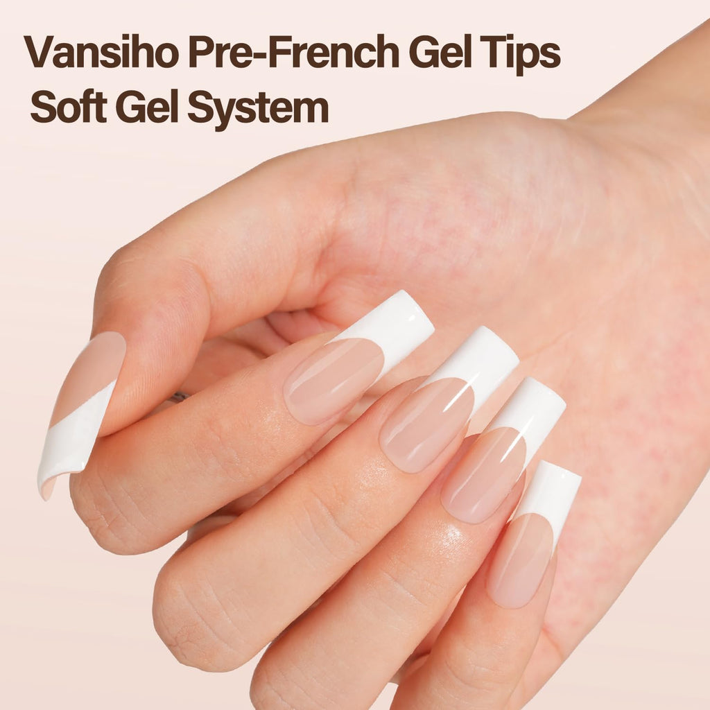 Acrylic Press Ons150Pcs, French Manicure Press On Nails, French Square 3 in 1 Pre-French Gel Tips