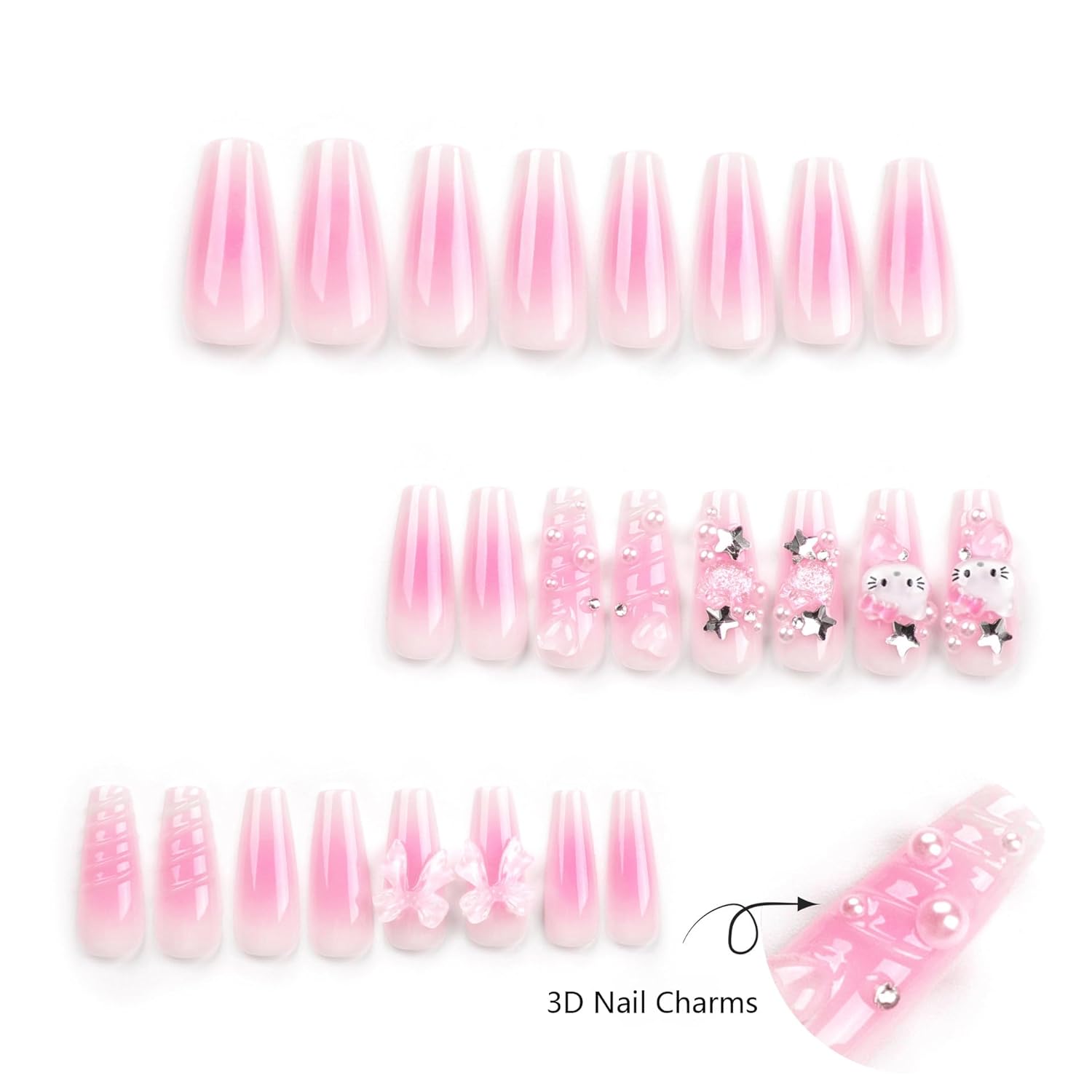 24Pcs Stick On Gel Nails, The Best Press On Nails with 3D Heart, Pearl Star Nail Charms Design Long Lasting Press On Nails for Women