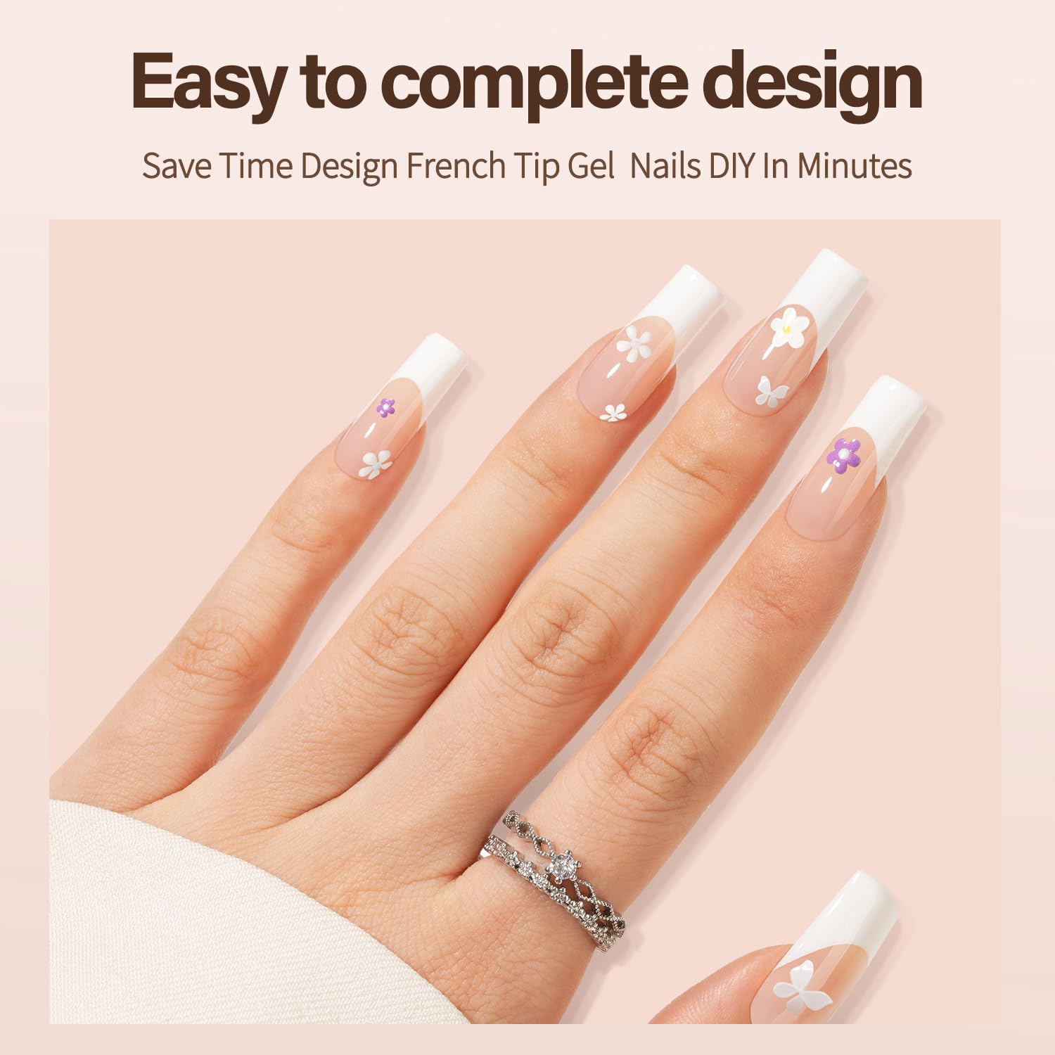 Acrylic Press Ons150Pcs, French Manicure Press On Nails, French Square 3 in 1 Pre-French Gel Tips