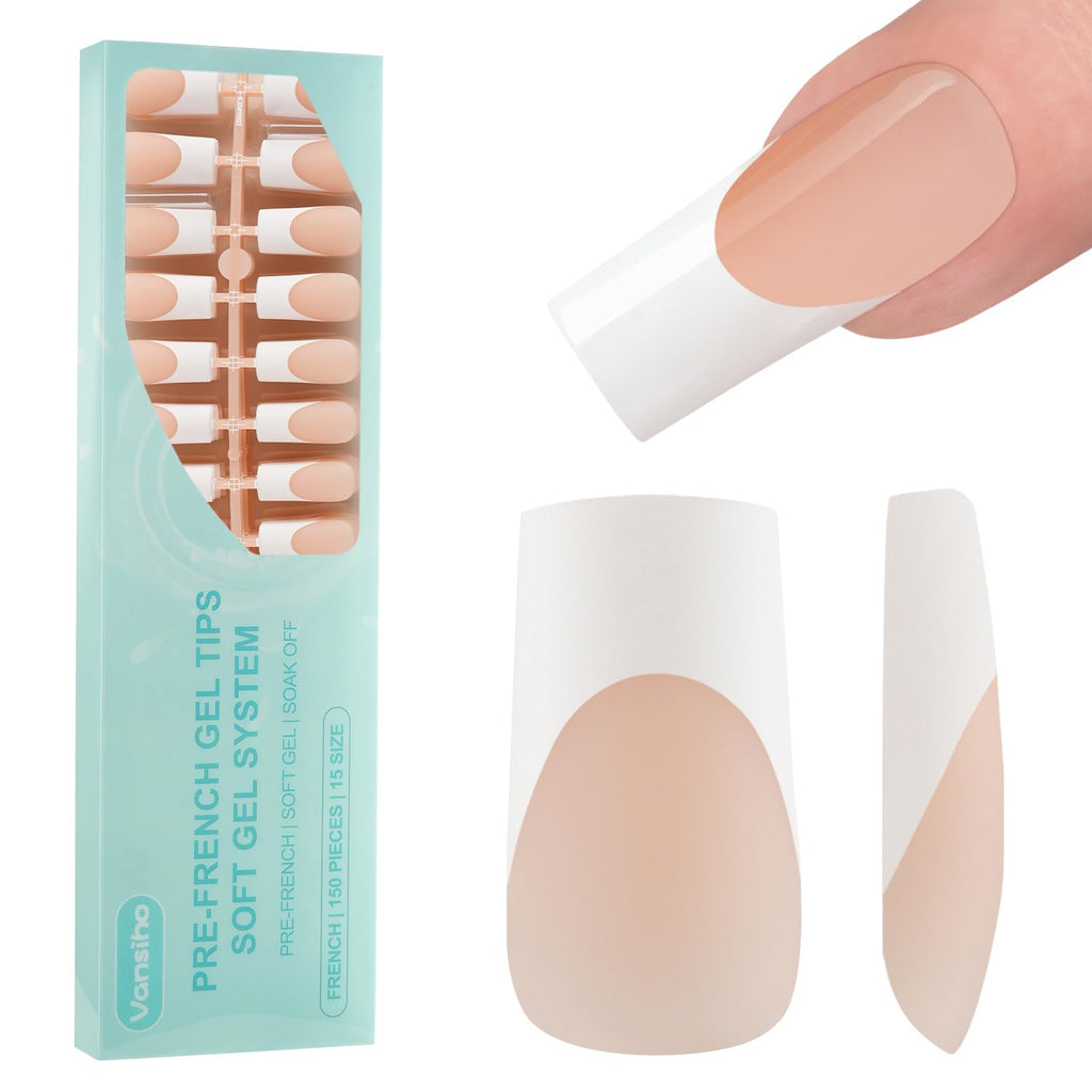 Acrylic Press Ons150Pcs, French Manicure Press On Nails, French Square 3 in 1 Pre-French Gel Tips