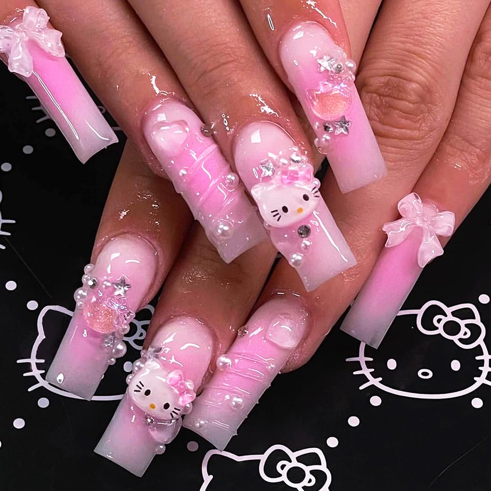 24Pcs Stick On Gel Nails, The Best Press On Nails with 3D Heart, Pearl Star Nail Charms Design Long Lasting Press On Nails for Women