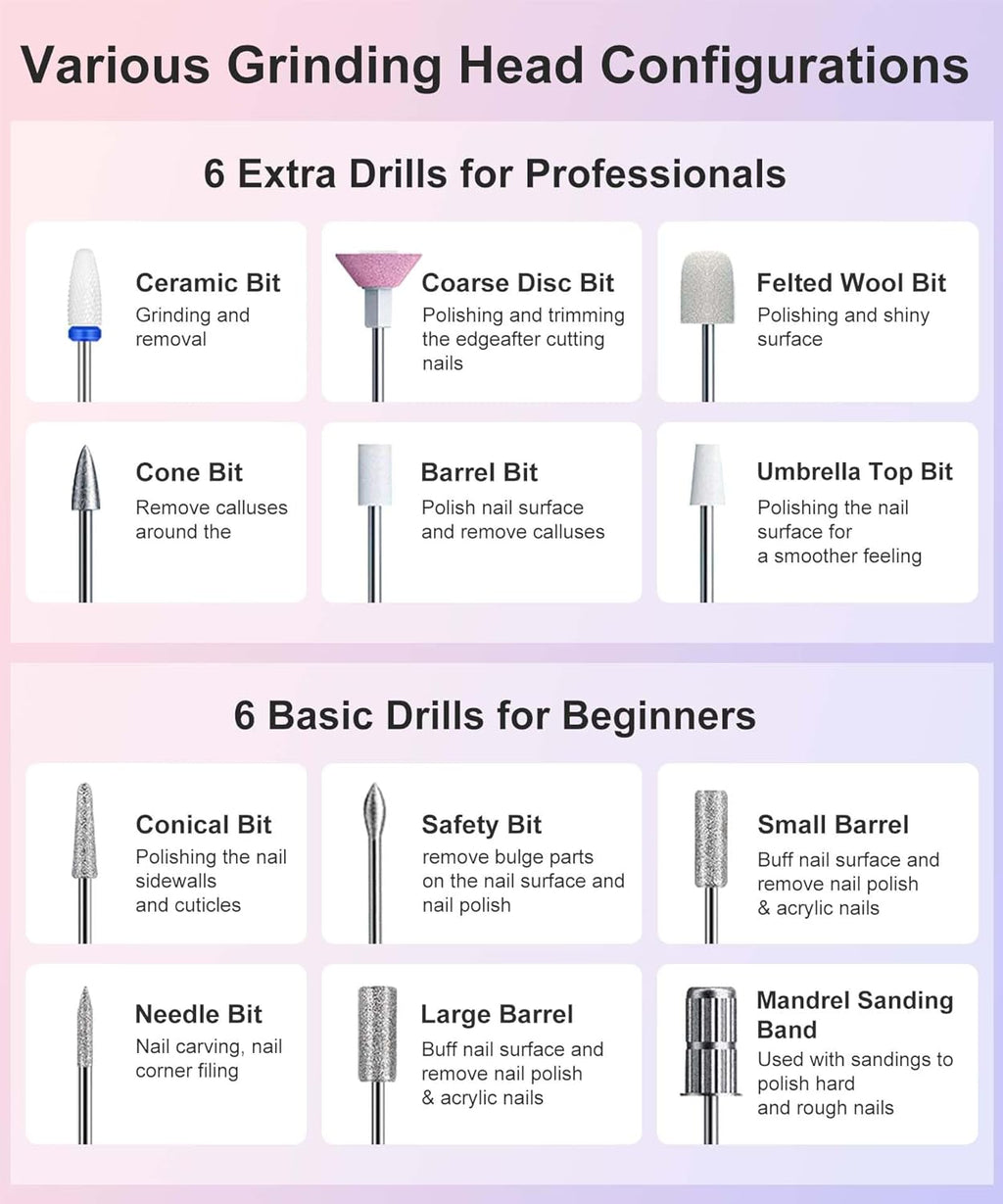 Cordless Drill Pedicure Acrylic Nail Kit Drill, 12in1 Electric Nail File Buffer Drill Machine for Acrylic Gel Nails