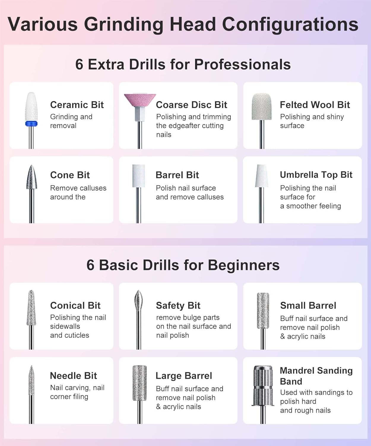 Cordless Drill Pedicure Acrylic Nail Kit Drill, 12in1 Electric Nail File Buffer Drill Machine for Acrylic Gel Nails