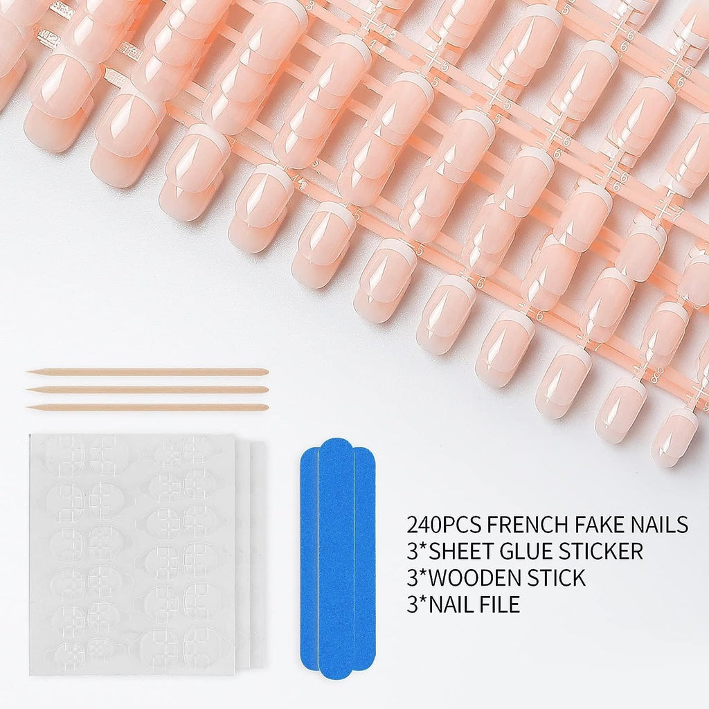 French Manicure Press On Nails 240 Pcs, Best Short Press On Nails for Girls, Full Cover Press On Nails 12 Size