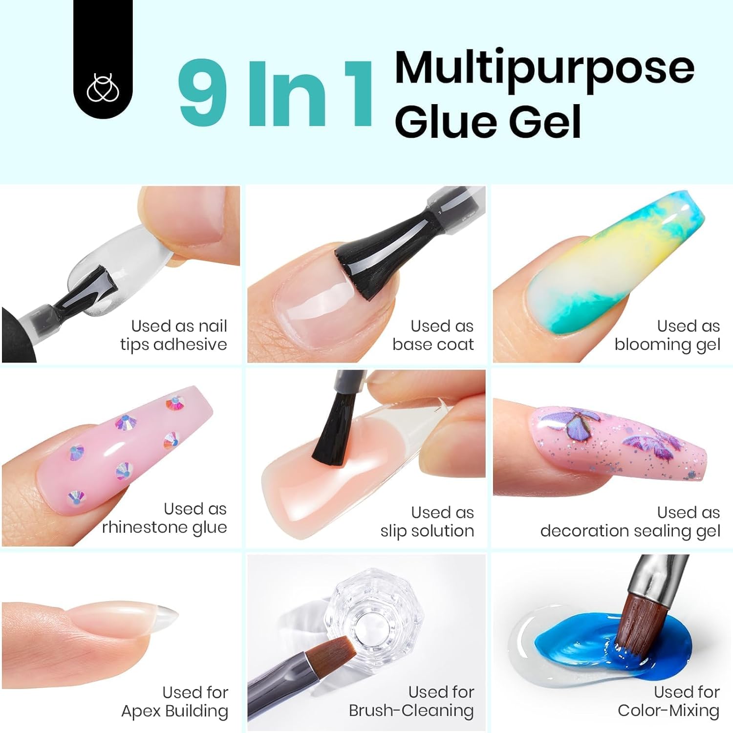 Gel Nail Glue 9 in 1 For Tips, Soft Gel Nail Glue 0.5 Fl Oz, Super Strong Brush in Static Nails Nail Glue