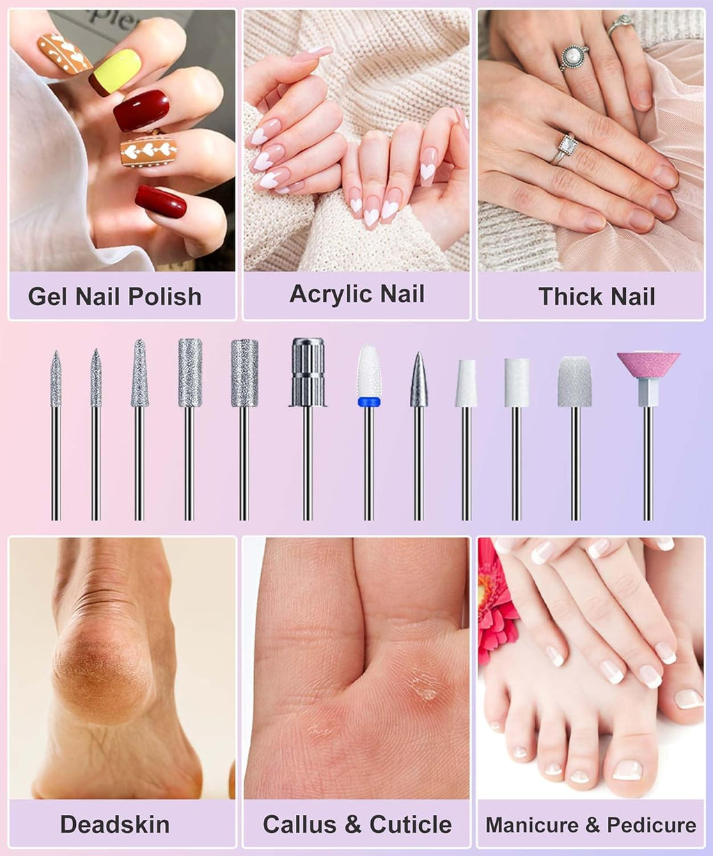 Cordless Drill Pedicure Acrylic Nail Kit Drill, 12in1 Electric Nail File Buffer Drill Machine for Acrylic Gel Nails