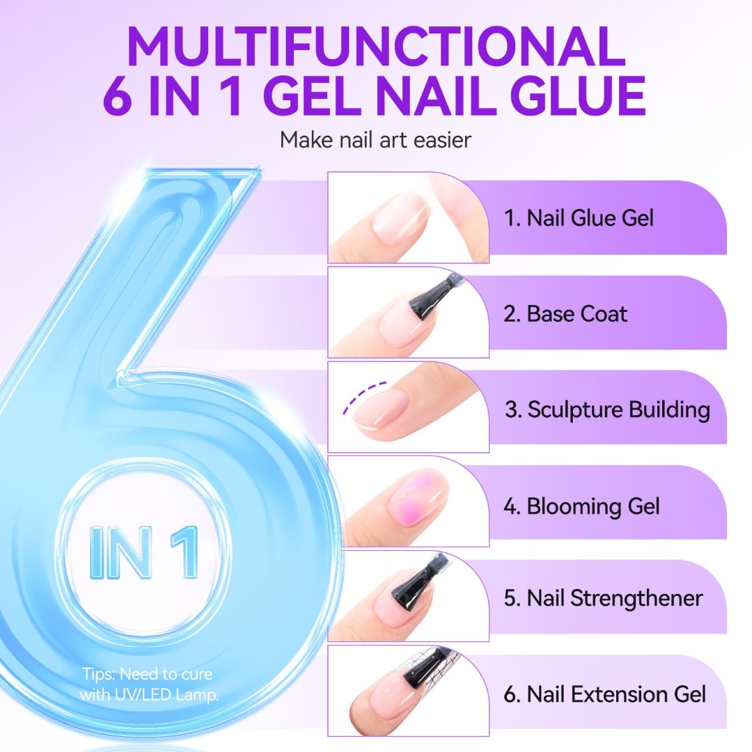 6 in 1 UV Best Glue on Acrylic Nails, False Glue on Nails for Acrylic Nails