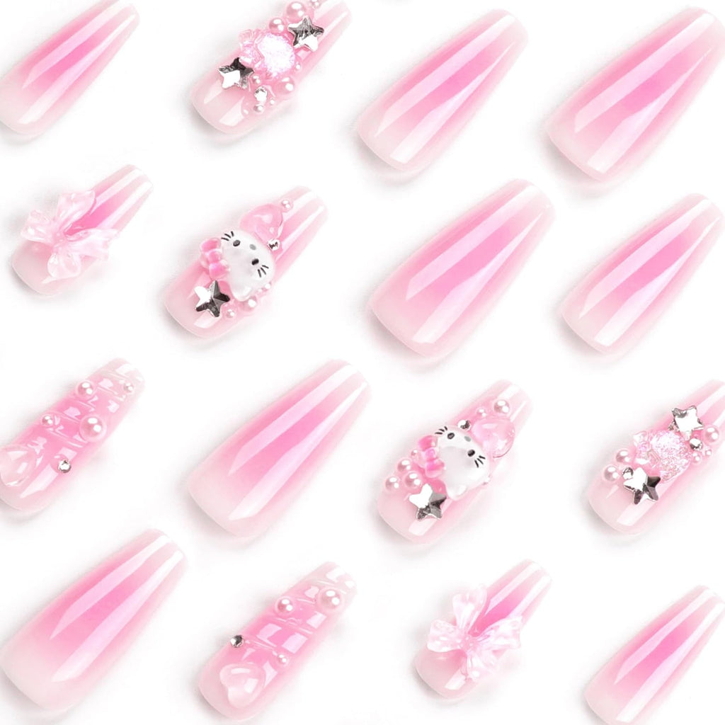 24Pcs Stick On Gel Nails, The Best Press On Nails with 3D Heart, Pearl Star Nail Charms Design Long Lasting Press On Nails for Women