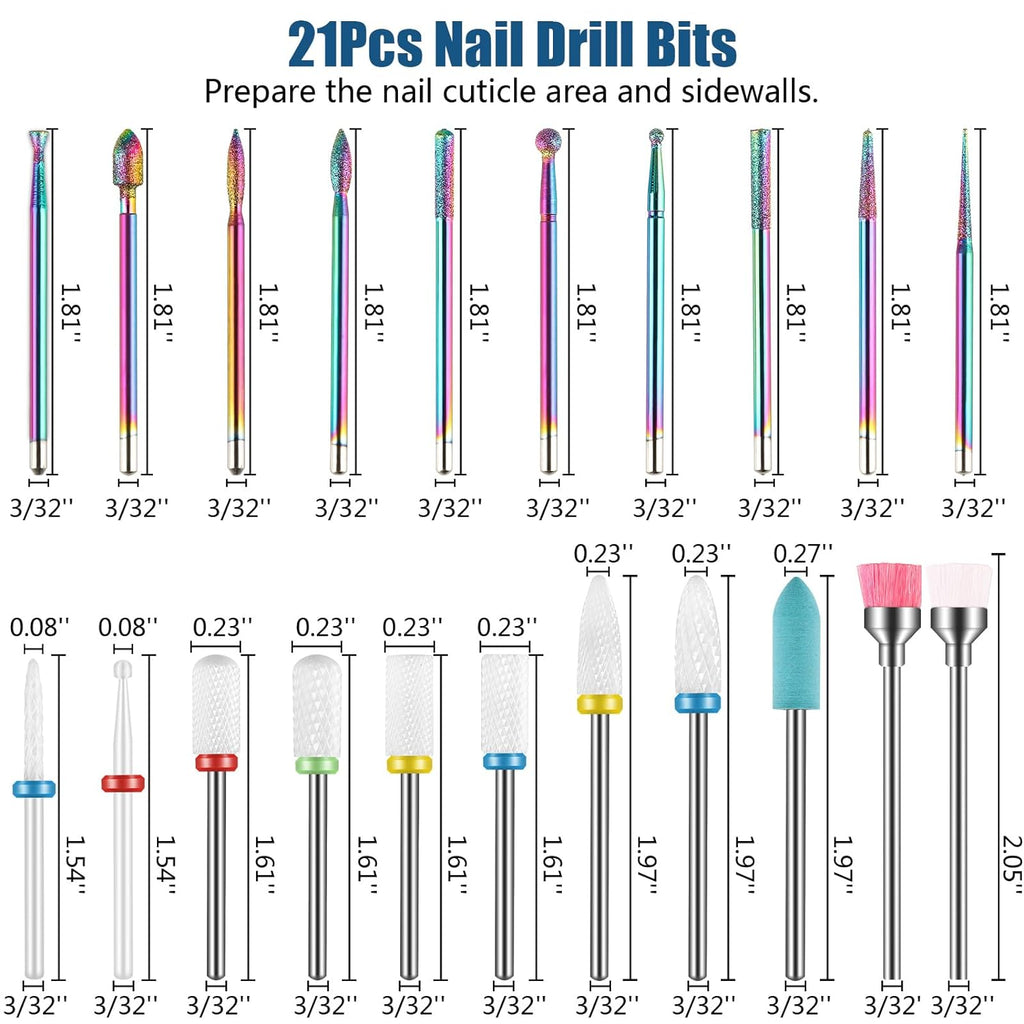 Electric Nail Buffer 21pcs Bits Sets, Nail Efile Bit Kit for Acrylic Nails, Electric Nail Drill Machine for Manicure Pedicure