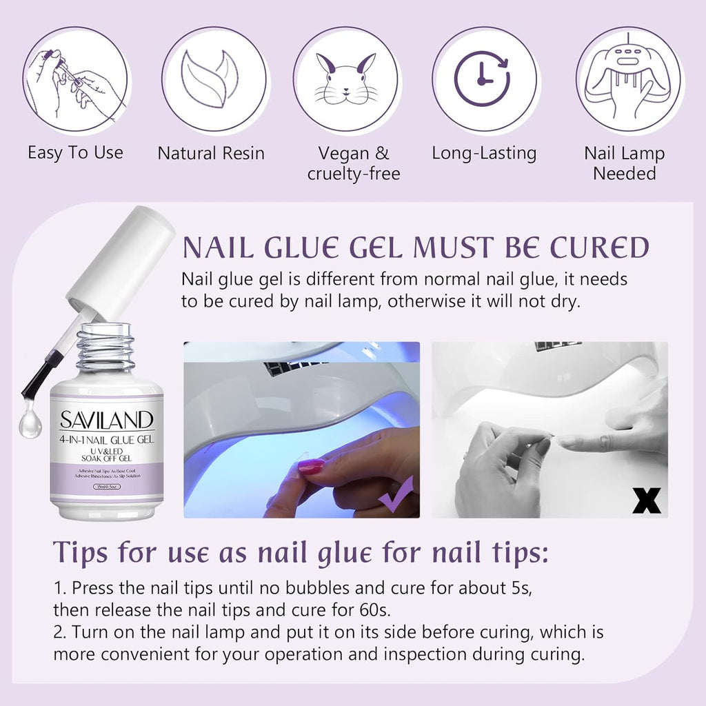 Best Nail Glue For Gel Extensions 2pcs 15ML, Super Hold Nail Glue For Nail Tips, Nail Press On 4-in-1 Nail Glue Gel Set