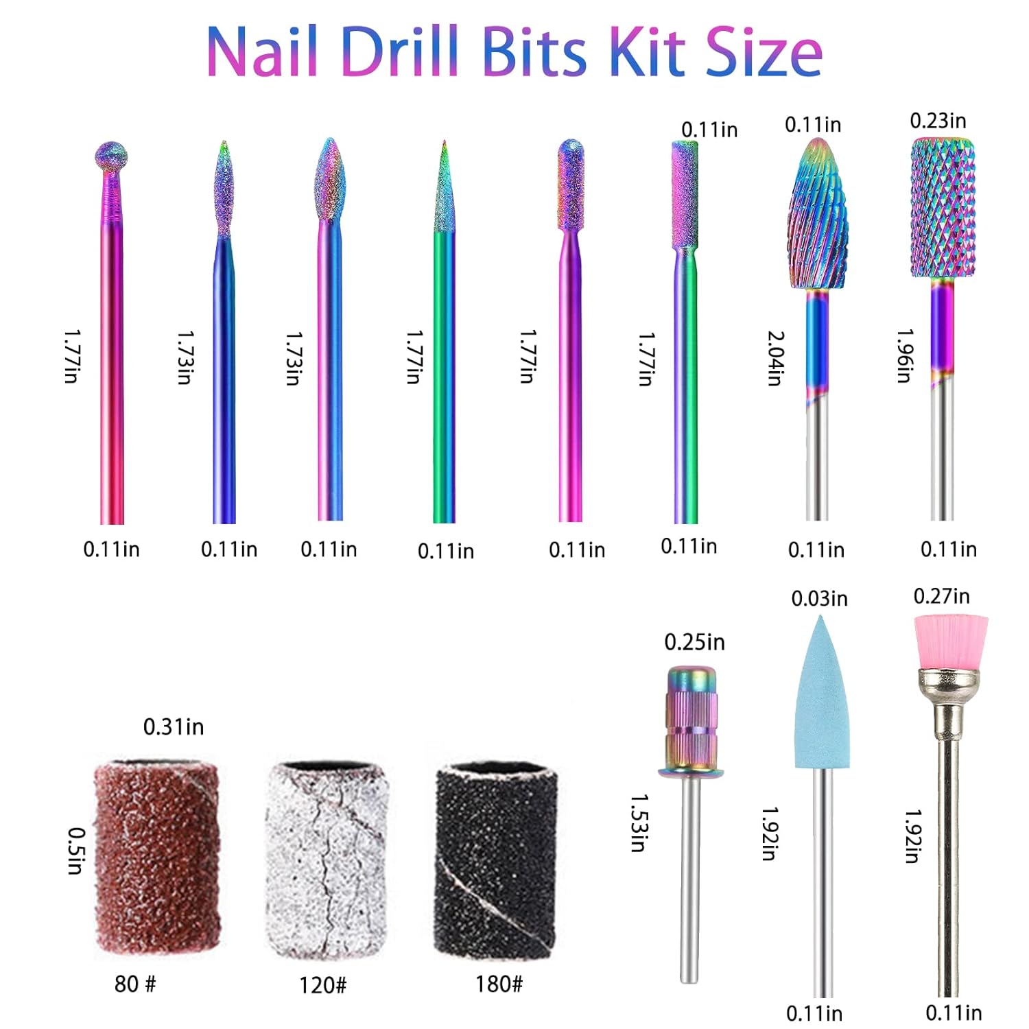 Pedicure Drill Bits10Pcs, 3/32 inch Tungsten Carbide Nail Drill Bit Set, Medicool Drill Bitswith 75Pcs File Sanding Bands