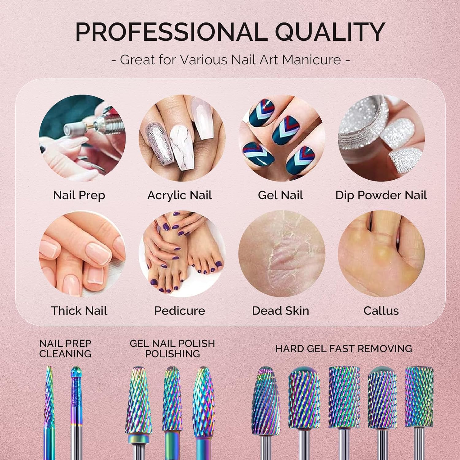 Kit Nail Drill 10pcs Tungsten Carbide Nail Bits for Nail Drill E-file, 3/32 inch Bits Manicure Pedicure Remover Tools