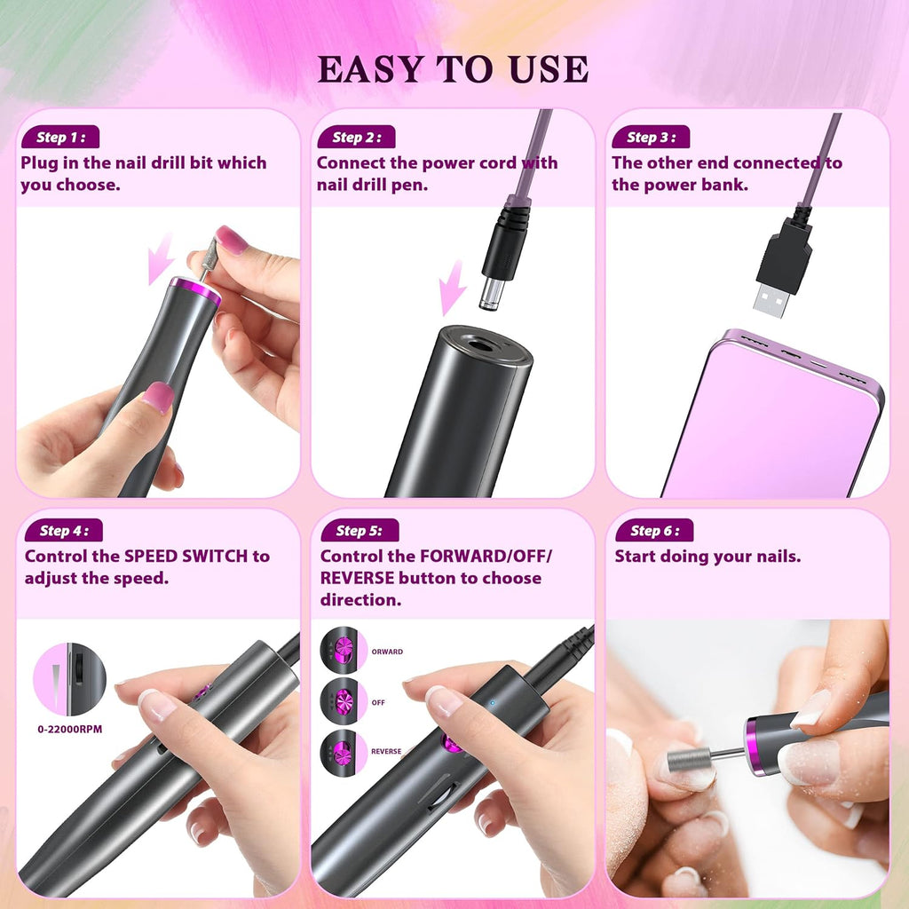 Electric Manicure And Pedicure Set 22000 RPM, Portable Nail File Kit with LED Light for Acrylic