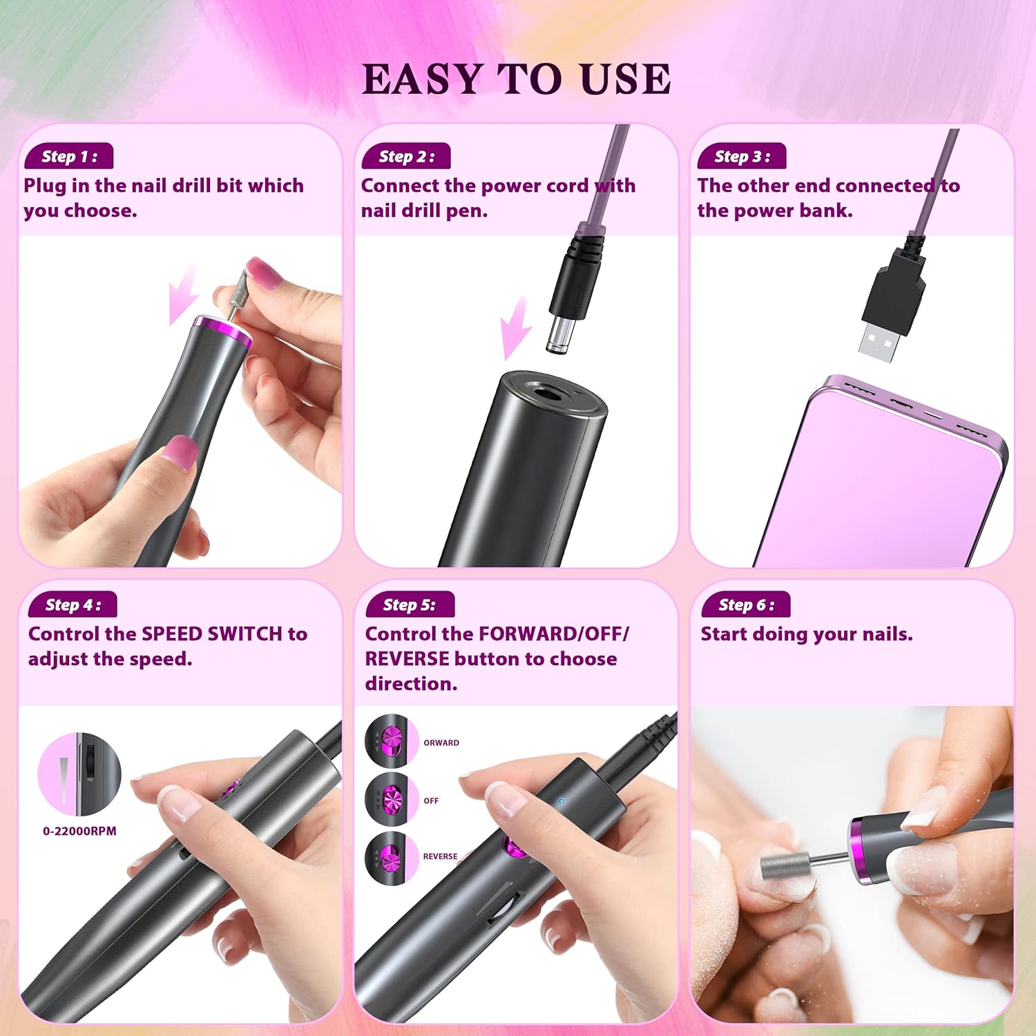Electric Manicure And Pedicure Set 22000 RPM, Portable Nail File Kit with LED Light for Acrylic