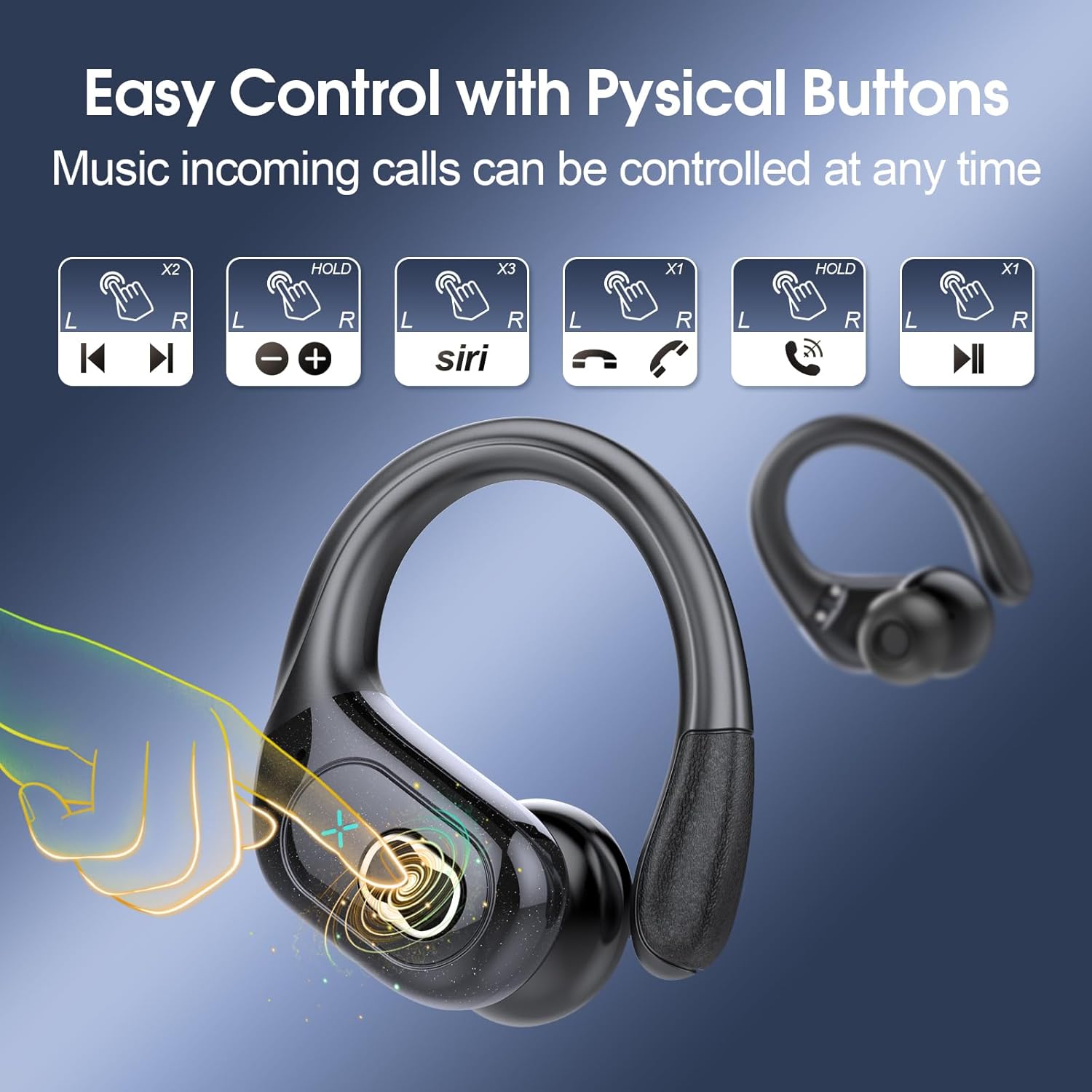 Wireless Noise Cancelling Earbuds, Running Earbuds with Earhooks 75H Playtime, IPX7