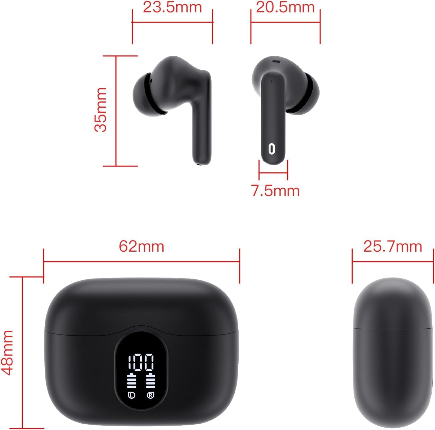 Ear Buds with Noise Cancelling Mic, 36H Playtime & IP7 Waterproof, Black