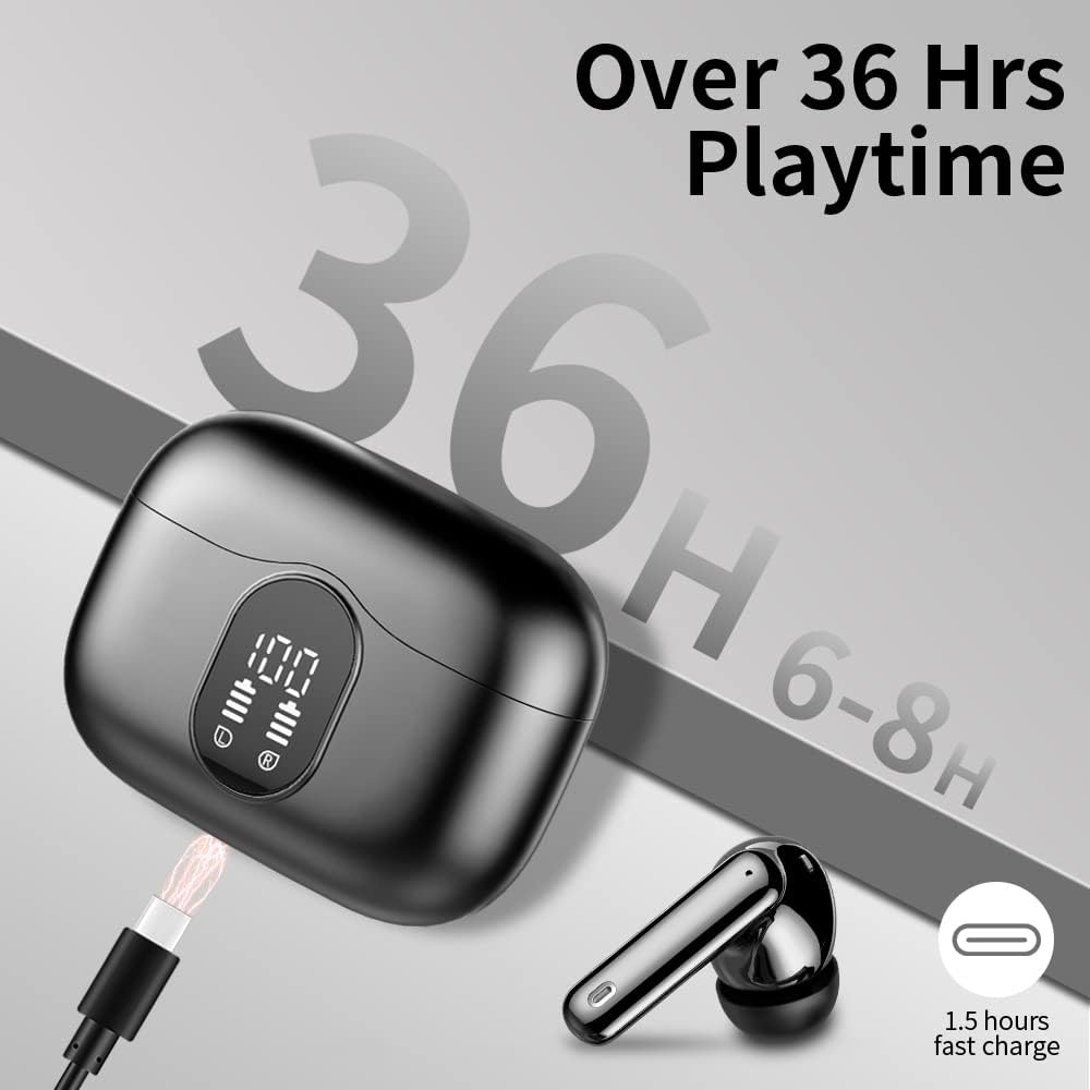 Ear Buds with Noise Cancelling Mic, 36H Playtime & IP7 Waterproof, Black