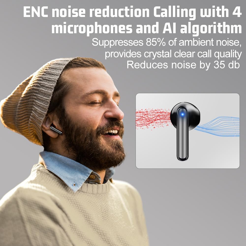 Good Noise Cancelling Earbuds with 4 Mics & 60H Battery, Deep Bass Black