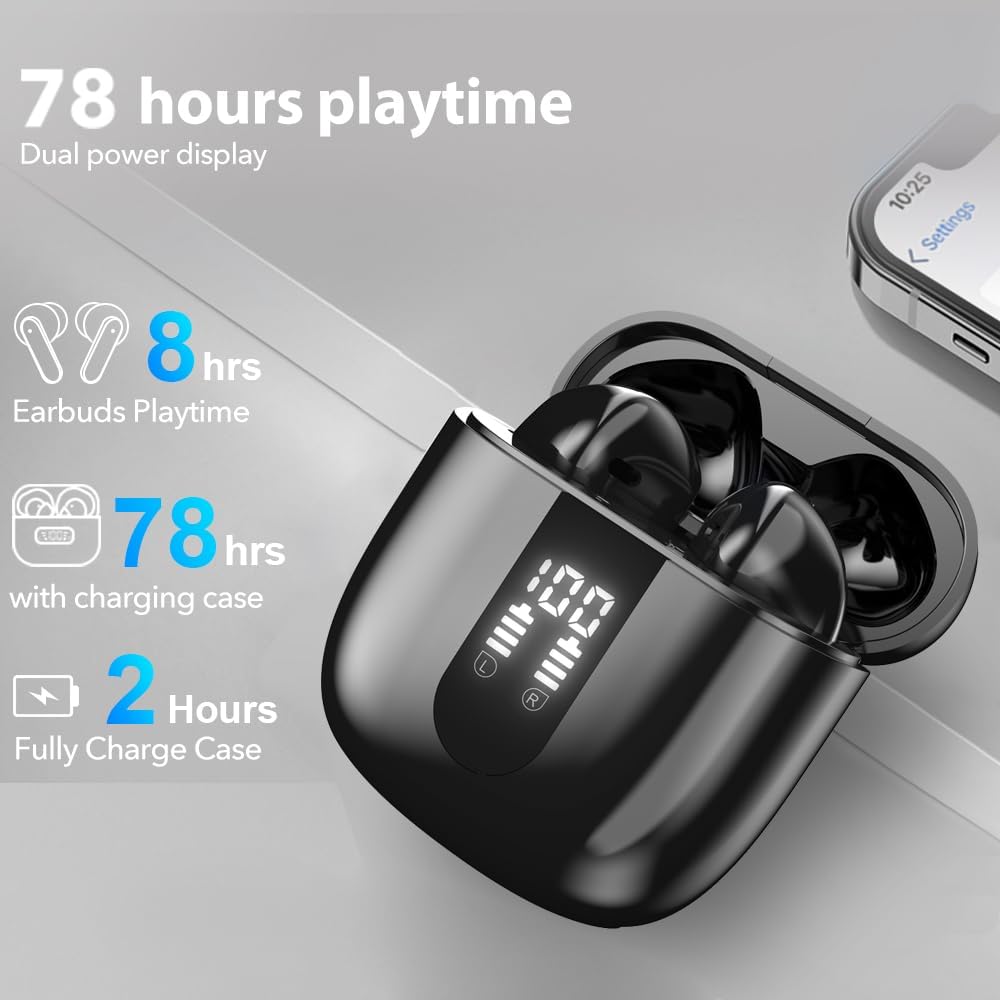 Good Noise Cancelling Earbuds with 4 Mics & 60H Battery, Deep Bass Black