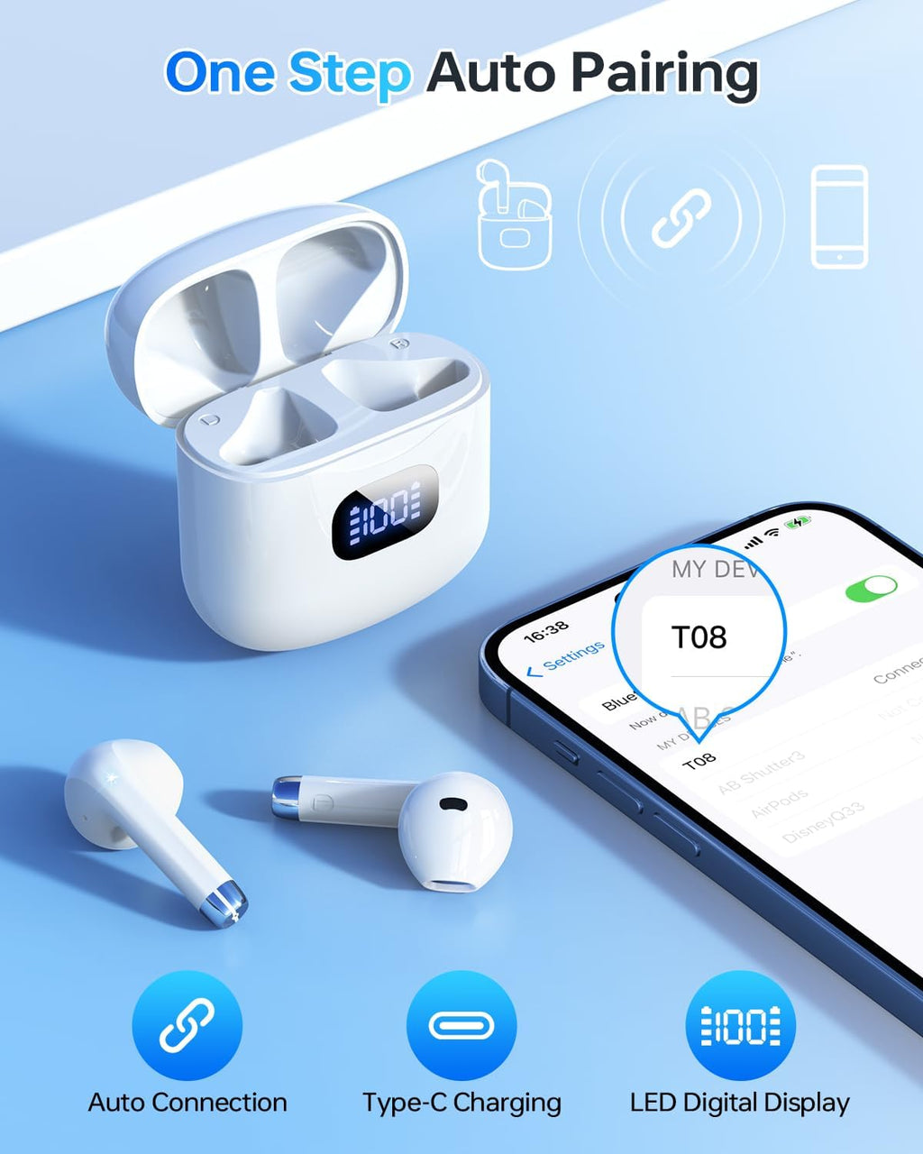 In-Ear Headphones Bluetooth Wireless with LED Display Charging Case, Runner Earphones 40H, IPX7