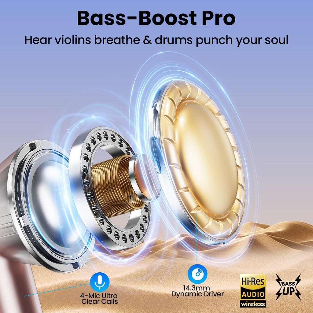 Lightweight Bluetooth Earbuds, 48H Playtime & Deep Bass-Rose Gold Color