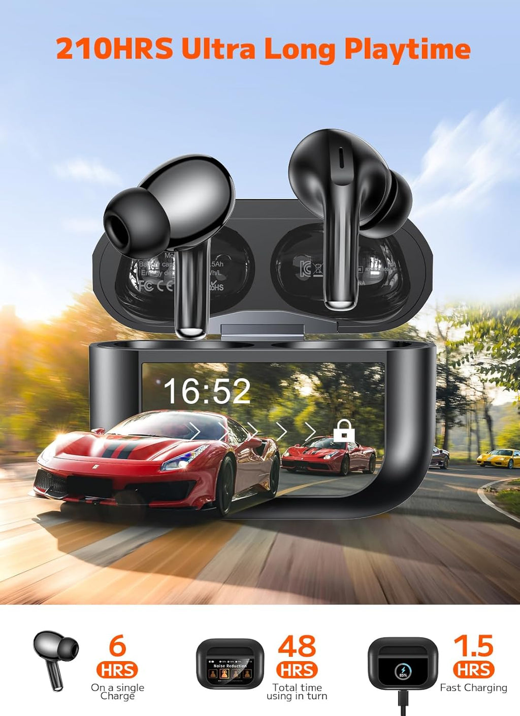 Noise Cancelling Wireless Earbuds for iPhone Android, Bass Sound & 48H Case