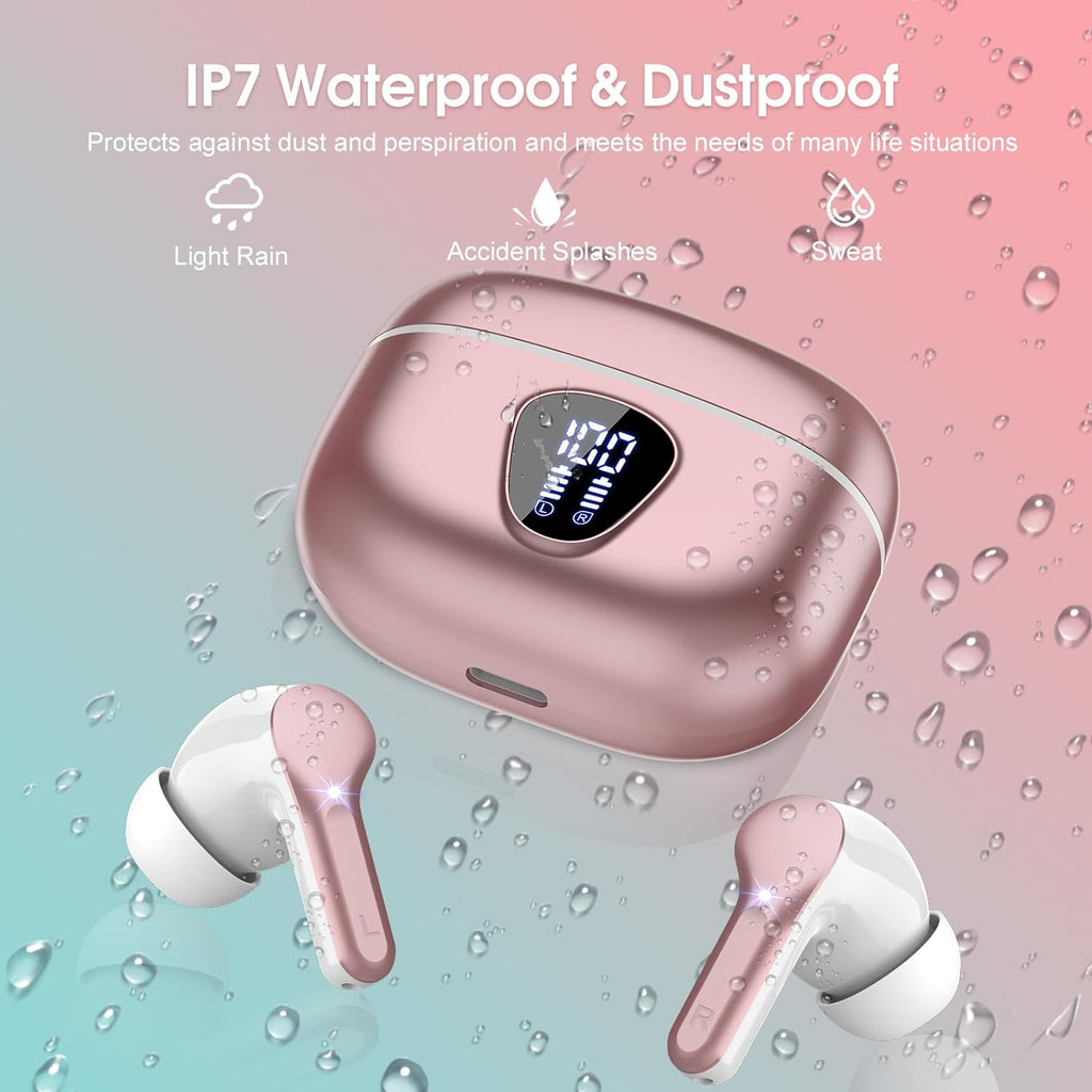 Wireless Earbuds with Noise Cancelling, HiFi Stereo, IP7 Waterproof, LED Case