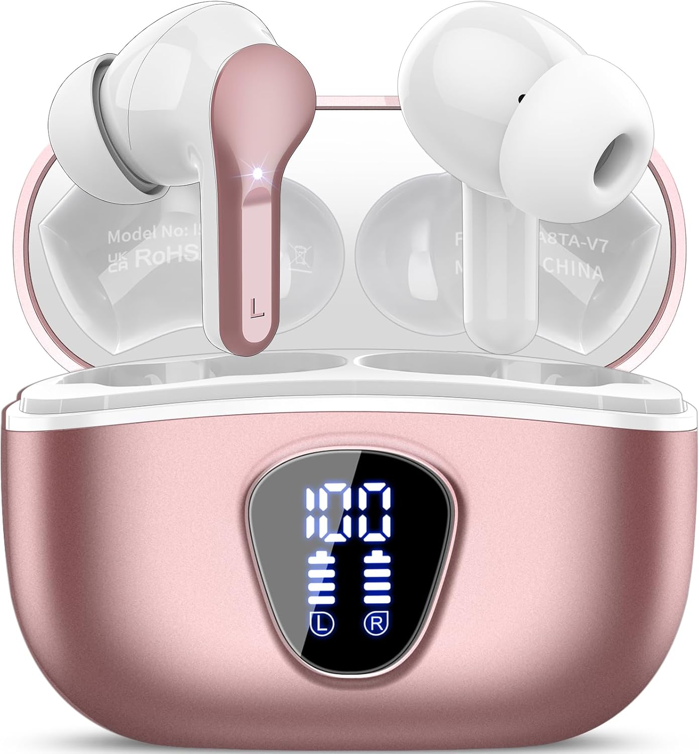 Wireless Earbuds with Noise Cancelling, HiFi Stereo, IP7 Waterproof, LED Case