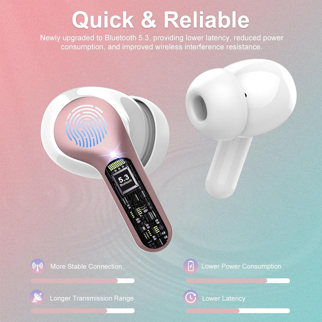Wireless Earbuds with Noise Cancelling, HiFi Stereo, IP7 Waterproof, LED Case